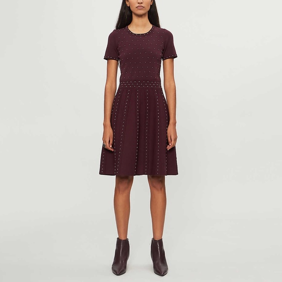 ✨sold✨ sandro • montaigne bordeaux bead embellished stud fit flare studded dress - Picture 2 of 12